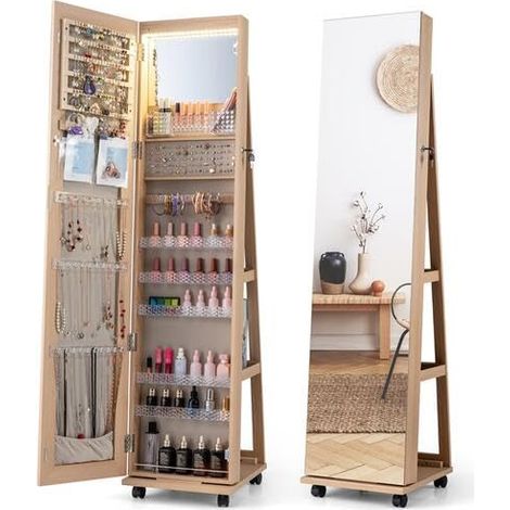 COSTWAY Armadio Portagioie con Luci LED e Ruote (Naturale) (1/5)