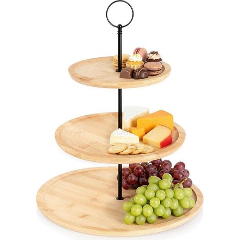 3-Tier Bamboo Cake Stand, 34 cm, Black Metal Handle (1/5)