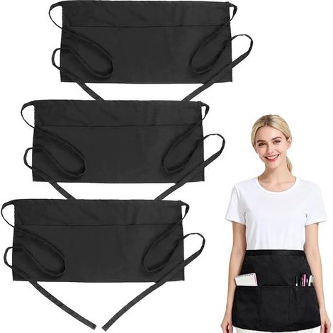 Tablier de serveur, tablier noir ajustable avec poches, tablier noir résistant avec poches, demi-tablier anti-salissures pour la cuisine (1/4)
