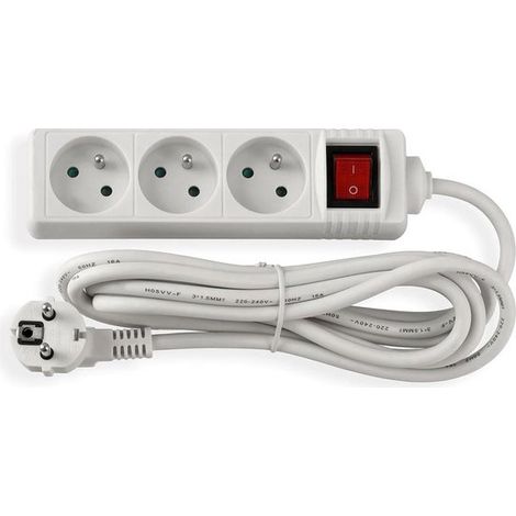 Prolunga con interruttore - 3 metri - Presa a tre poli - Presa con spia luminosa - Spina piatta - Bianca