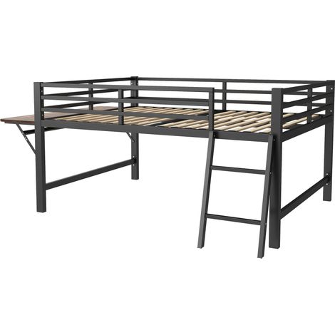 Lit plateforme 140 x 200 cm, lit en métal, sans matelas, garde-corps, échelle, bureau, bande lumineuse LED, noir (1/5)