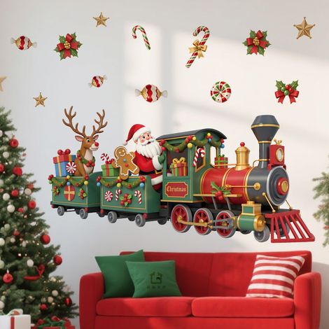 Adesivi murali 3D di Babbo Natale, adesivi del trenino di Natale - Adesivi murali autoadesivi, decorazioni per la casa (3060) (1/2)