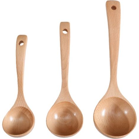 Ensemble de 3 pièces - Cuillère à soupe courbée en bois de hêtre - Long manche - Cuillère à soupe en bois pour usage domestique - Convient pour servir la soupe, la bouillie et les ragoûts - Couleur na (1/5)