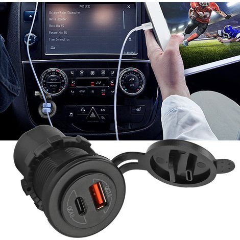 Chargeur USB allume-cigare 12-24 V 60 W QC4.0 avec interface PD pour charge rapide, doté de deux bornes bleues et compatible avec les camping-cars, bateaux, voitures et motos. Fourni avec un câble de (1/5)