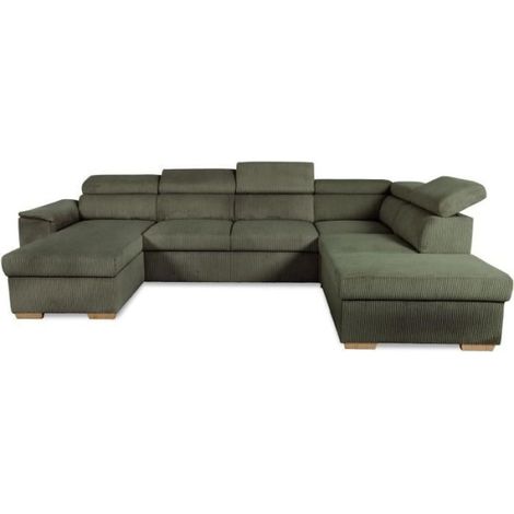 Canapé d'angle convertible panoramique 5 à 6 places DAYTONA - Velours côtelé kaki - Avec coffre - L 326 x H 94 x P 216 cm (1/5)
