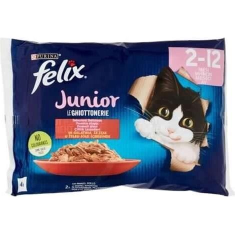 FELIX LE GHIOTTONERIE PER GATTI JUNIOR IN 4 BUSTINE DA 85 GR POLLO E MANZO (1/2)