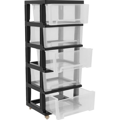 Boîte de rangement en plastique avec 5 tiroirs – Rangement en plastique transparent compatible A4, 40 x 33 x 98 cm, matériau polypropylène, organiseur de bureau, mobile (noir) (1/5)