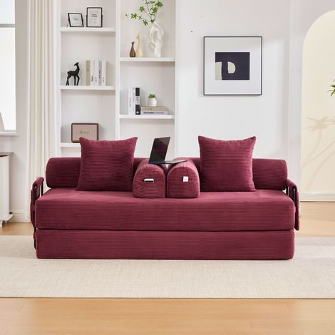 Divano modulare 200x94x67 cm con tasca laterale, 3 cuscini, struttura in metallo, velluto a coste smeraldo - rosso vino (1/5)