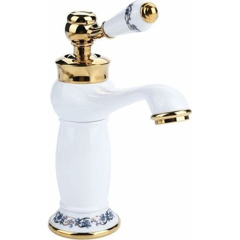Antiker Messing-Waschbeckenhahn, blau-weiße Keramik, Vintage-Waschbeckenhahn mit langem Hals, Küchenhahn, Warm-/Kaltwasserhahn, weiß (1/4)