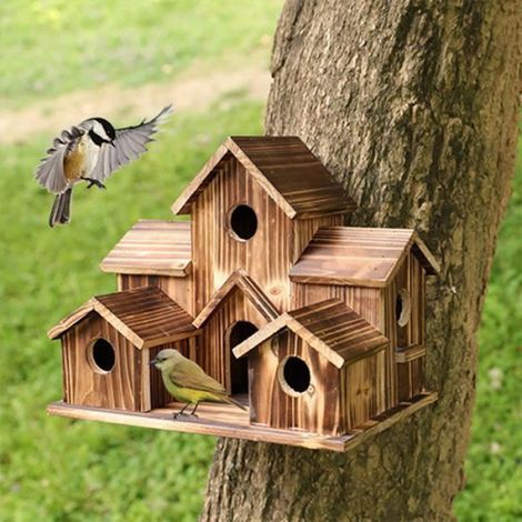 Maison d'oiseau en bois à 6 trous, décoration de cour arrière, cadeau pour amis, famille, voisins (1/4)