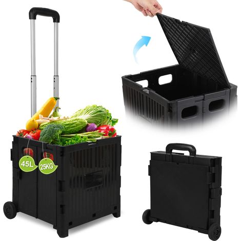 Carrello della spesa pieghevole a 2 ruote da 45 litri con manico telescopico e coperchio per viaggi, shopping e traslochi (nero) (1/5)