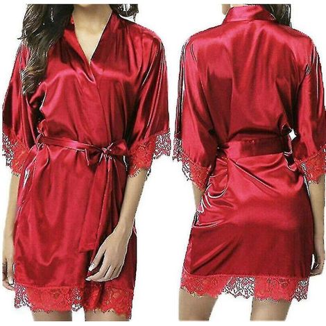 Roter Satinmorgenmantel – Größe M – Ideal für Hochzeiten, Brautjungfern oder als Kimono – Morgenmantel/Pyjama – Rot (1/4)
