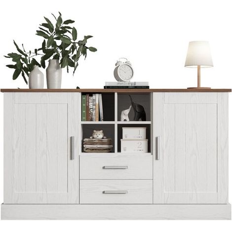 Buffet salle a manger, 140 x 40 x 79,5 cm, grain de bois brun - 2 portes, 2 tiroirs, blanc (1/5)