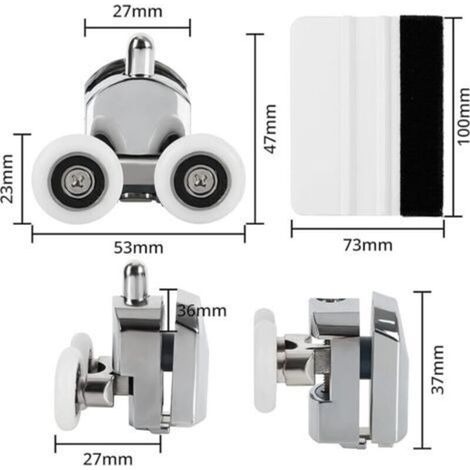 8 roulettes pour porte de douche coulissante – Roulettes doubles remplaçables en alliage de zinc, diamètre 23 mm, avec fixations incluses et raclette en caoutchouc (1/4)