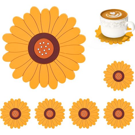 Set of 6 Flower Series Silicone Coasters, Cute Non-Slip Washable Coasters (Yellow Sunflower Pattern) (1/5)