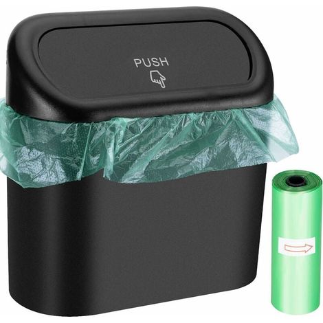 Poubelle de Voiture, Mini-Poubelle de Voiture avec Couvercle, Boîte de Rangement de Voiture Portable avec 30 Sacs à Déchets pour Stocker et Organiser les Déchets (Noir)