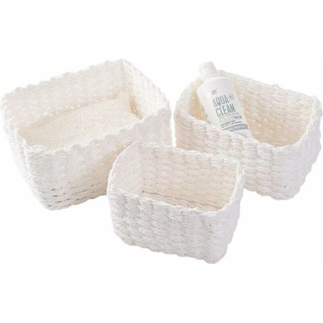 Set di 3 cestini portaoggetti intrecciati per accessori per il trucco, bagno, fasciatoio, piccolo scomparto portaoggetti (bianco)