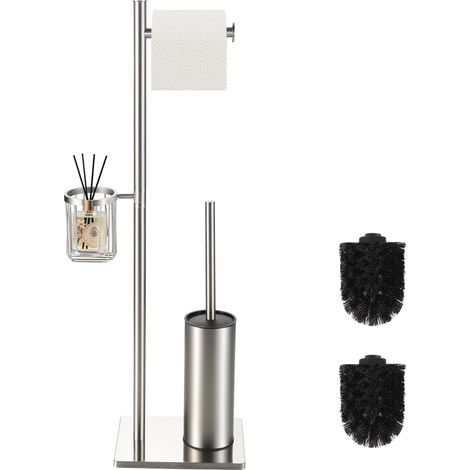 Ensemble Brosse Toilettes WC et Porte Papier en Acier Inoxydable,Brosse WC et Panier de Rangement 3 en 1, Porte Rouleau au Sol au Design Minimaliste et Gain de Place (Nickel brossé) (1/5)