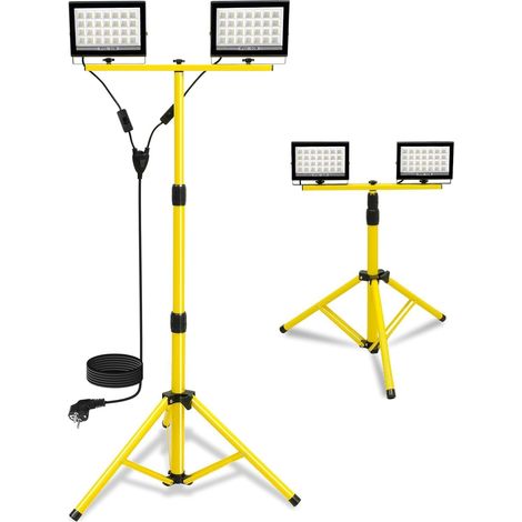 T-SUN 11,000LM Projecteur LED sur Trépieds 2 x 60W Projecteur de Chantier Lampes de Travail à LED avec Trépied Télescopique en Métal Réglable Rotation à 360 ° Câble 4M Étanche IP66 (1/5)