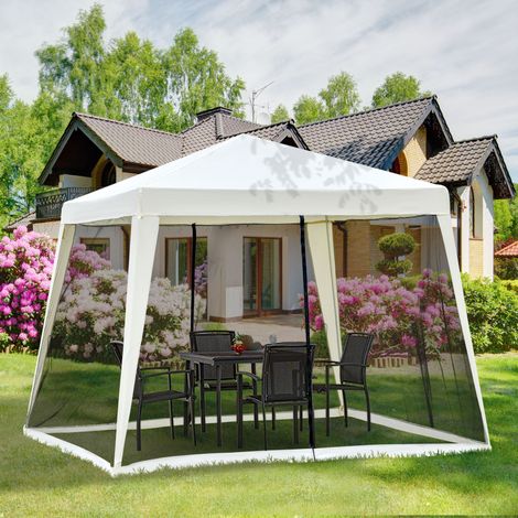 Padiglione da giardino 3x3 m in acciaio e poliestere crema bianco con zanzariere laterali e tetto idrorepellente (1/5)