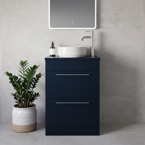 Napoli 390 Deep Blue 600mm 2 Drawer Vanity Unit for Countertop Basins - 600mm - Chrome 320mm Handle
