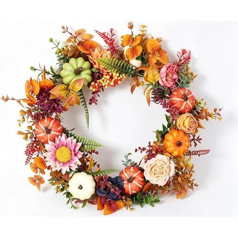 Couronne d'automne de 46 cm avec pivoines et citrouilles, couronne artificielle pour porte d'entrée, porche, idéale pour Halloween et Noël (1/5)
