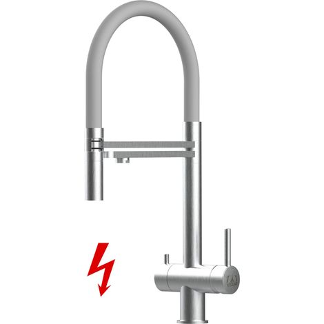 NIEDERDRUCK 3 Wege Edelstahl Massiv Küchenarmatur Spültischmischer, mit 360° schwenkbarem Grau Auslauf und 2 strahl Handbrause - Gebürstet (1/5)