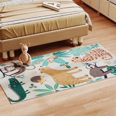 Tapis en polaire avec motif jungle,facile à nettoyer,blanc crème + multicolore-Ha (1/5)