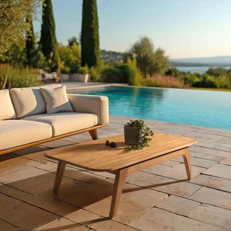 COLINE - Table basse de jardin 130x70cm en bois de teck recyclé (1/5)