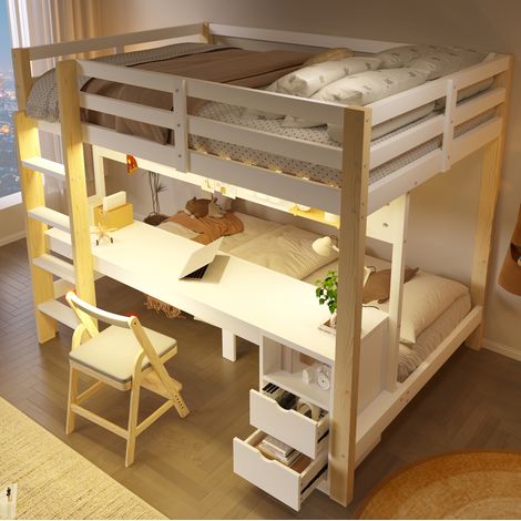 Lit enfant superposé avec bureau, tiroirs et LED, 90x200/140x200 cm, naturel et blanc OKMYHOME (1/5)