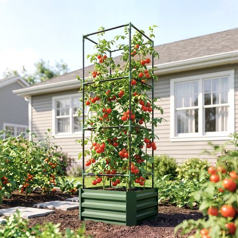 Jardinière avec treillis ajustable, bac à fleurs avec cage à tomates acier galvanisé 61 x 61 x 187 cm vert (1/5)