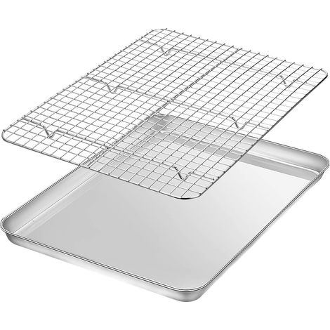 Backblech mit Abkühlgitter, Edelstahl Großformatige Ofenblech Kuchenblech (40,5x30,5x2,5cm), mit Auskühlgitter für Backen, Braten und Kühlen