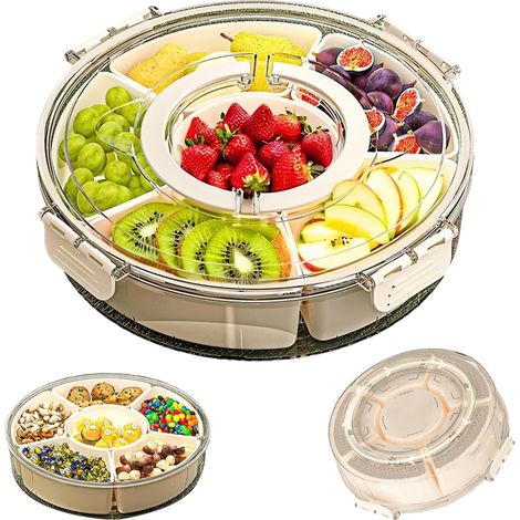 Srvillg Plateau rotatif avec poignée – Plateau à 6 compartiments pour fruits et snacks, avec couvercle, pour maison ou voyage (1/5)