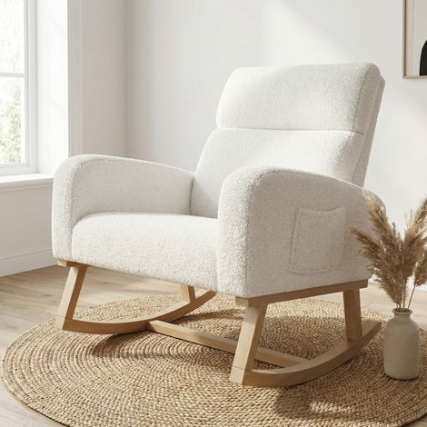 Poltrona a Dondolo, 69x78x87cm, Sedia a Dondolo con Tasche Portaoggetti e Seduta Ampia, Tessuto Orsetto e Legno, Design Scandinavo, Bianco