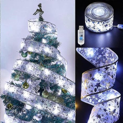 Weihnachtsbaumbeleuchtung 9,75 m (32 Fuß) mit 100 LEDs, Kupferdraht, Bändern und Schleifen (5 cm Breite, kühles silbernes Licht) (1/5)