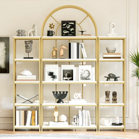 Bibliothèque modulaire – 163x30x184cm – Métal doré – MDF blanc – Design arqué – Salon/Cuisine/Bureau (1/5)