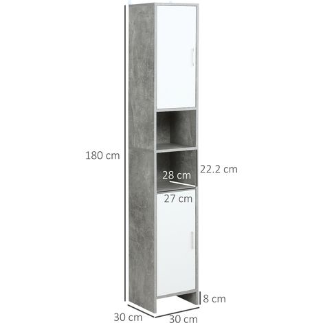 Colonne de salle de bains avec deux placards et deux compartiments ouverts, en bois aspect ciment, 30 x 30 x 180 cm (1/5)