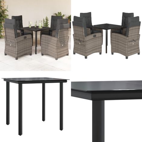 5-tlg. Garten-Essgruppe mit Kissen Grau Poly Rattan - Gartentisch - Gartenstuhl