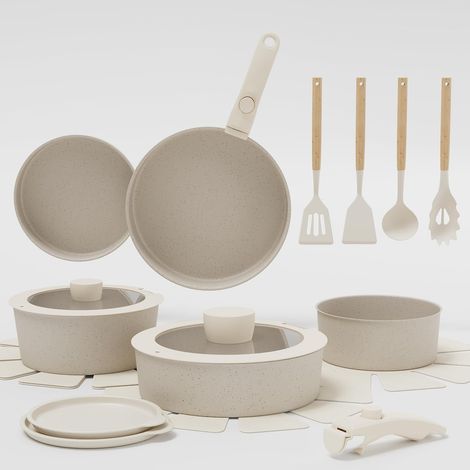 Batterie de cuisine 19 pièces blanc‑crème, poignée amovible antiadhésive, tous feux induction gaz avec cuiseur vapeur