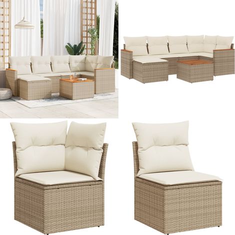 7-tlg. Garten-Sofagarnitur mit Kissen Beige Poly Rattan - Gartenmöbel Set - Esszimmergarnitur - Outdoor Lounge - Rattan Gartenmöbel - Balkonmöbel - Home & Living (1/5)