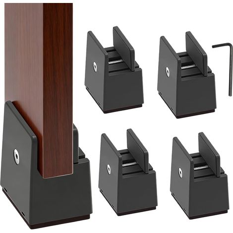 Rehausseurs de Meubles Réglables, Lot de 4 Rehausseurs de Meubles de 5 cm avec Pince à vis, pour Rehausseur de Meubles Carrés de 10 à 37 mm de Large, pour Lit, Table, Chaise, Canapé (Noir) (1/2)