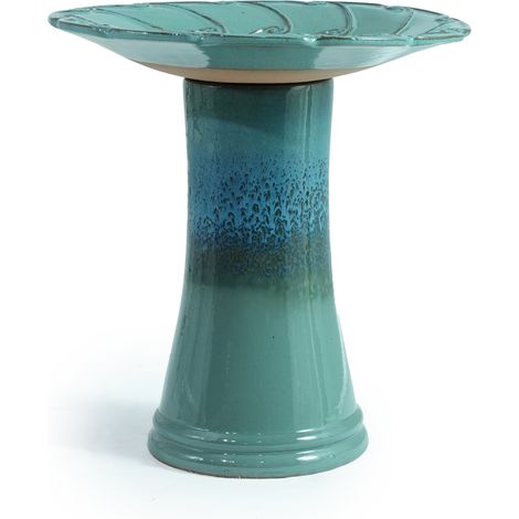 Bañera para pájaros de cerámica esmaltada turquesa con relieve de hojas Ø43 cm H45 cm (1/5)