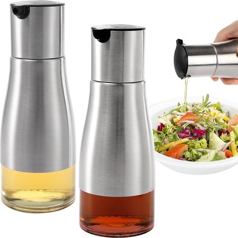Lot de 2 distributeurs d'huile d'olive et vinaigre argentés de 320 ml avec bec verseur facile et anti-goutte, élégant en acier inoxydable avec fond en verre, 320 ml (1/5)