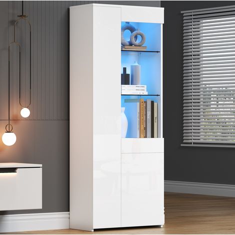 Vitrina con LED 70 x 35 x 180 cm, 2 puertas, 1 cajón, vidrio templado, blanco brillante HAVRYA (1/5)