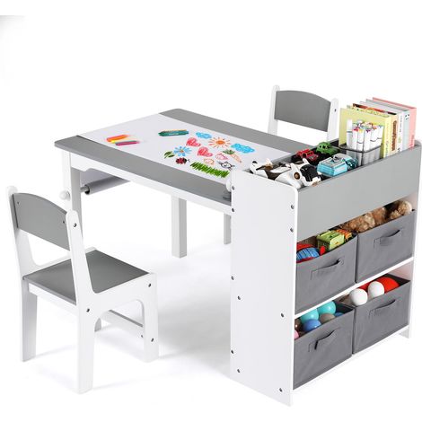 Table pour Enfant avec 2 Chaises, Table avec Espace de Rangement, Ensemble de Chaises en Bois, Bureau de Peinture avec Rouleau en Papier et 4 Boîtes de Rangement, Gris Blanc (1/5)