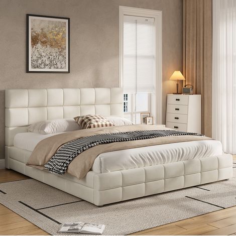Lit adulte 180x200 avec tête de lit velours beige OKMYHOME (1/5)