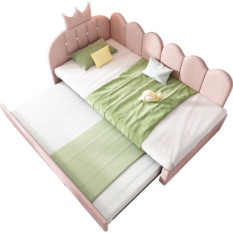 Lit-banquette 90x200 cm avec lit gigogne, lit d'appoint simple 90x190 cm, en L, velours rose, design couronne et grille, design mignon couronne et grille, gain de place pour chambre d'enfant et chambr (1/5)