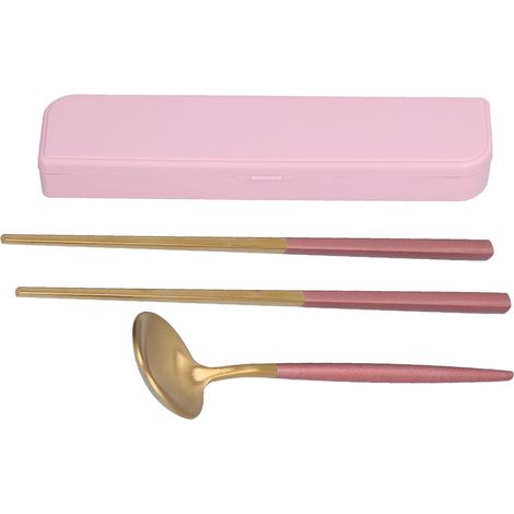 Ensemble 2 pièces couverts en acier inoxydable portable fourchette et baguettes pour école voyage extérieur rose+or (1/5)