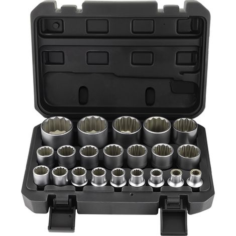 21 Pièces Coffret de Douille Multidents, 8-36 mm Douilles Torx Femelle 1/2" Profil à 12 et 6 Pans, Jeu de Clé à Douille Multiple CR-V (1/5)