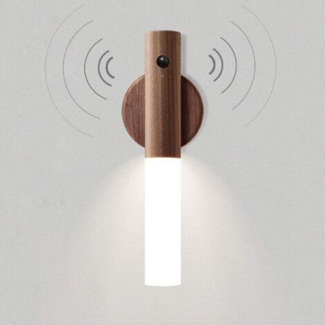 Lampe murale LED en bois, à piles, veilleuse pour enfants, détecteur de mouvement sans fil, lampe de chevet vintage portable, rechargeable par USB, veilleuse magnétique. (1/4)